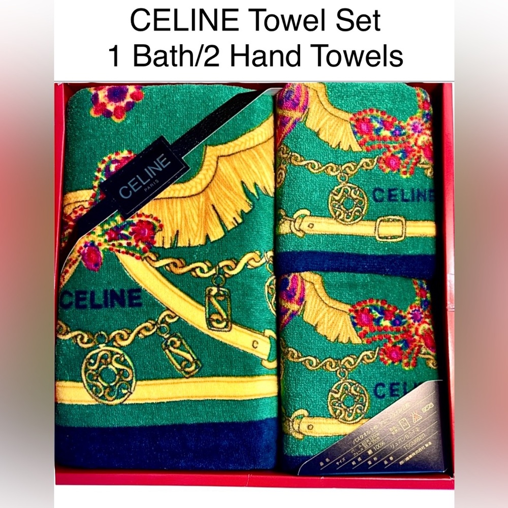 CELINE NIB 3 Pc Towel Set Large 2 Hand & Bath Towels Velvet Cotton Greenw/design